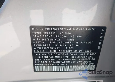 2012 Volkswagen Touareg Hybrid from USA, damaged, VIN WVGEG9BP4CD010507
